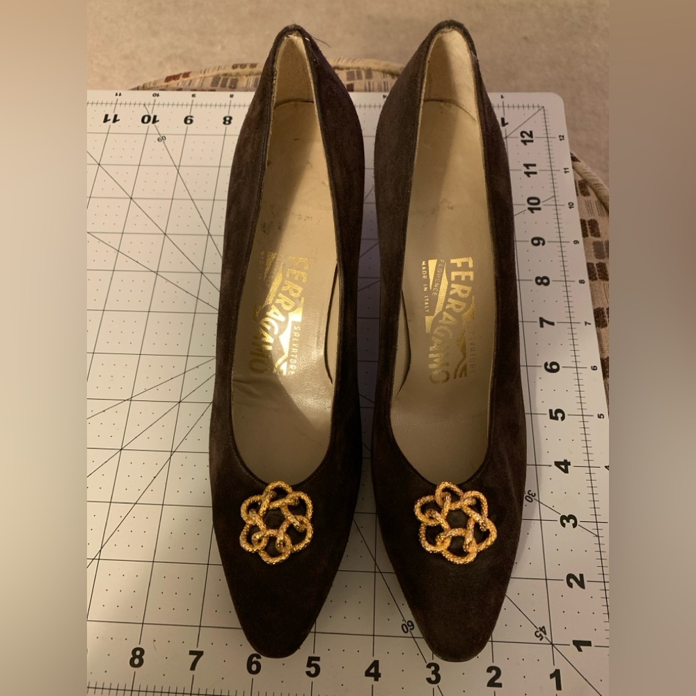 Salvatore Ferragamo 7 AA Dark Brown Heels with Gold Embellishment